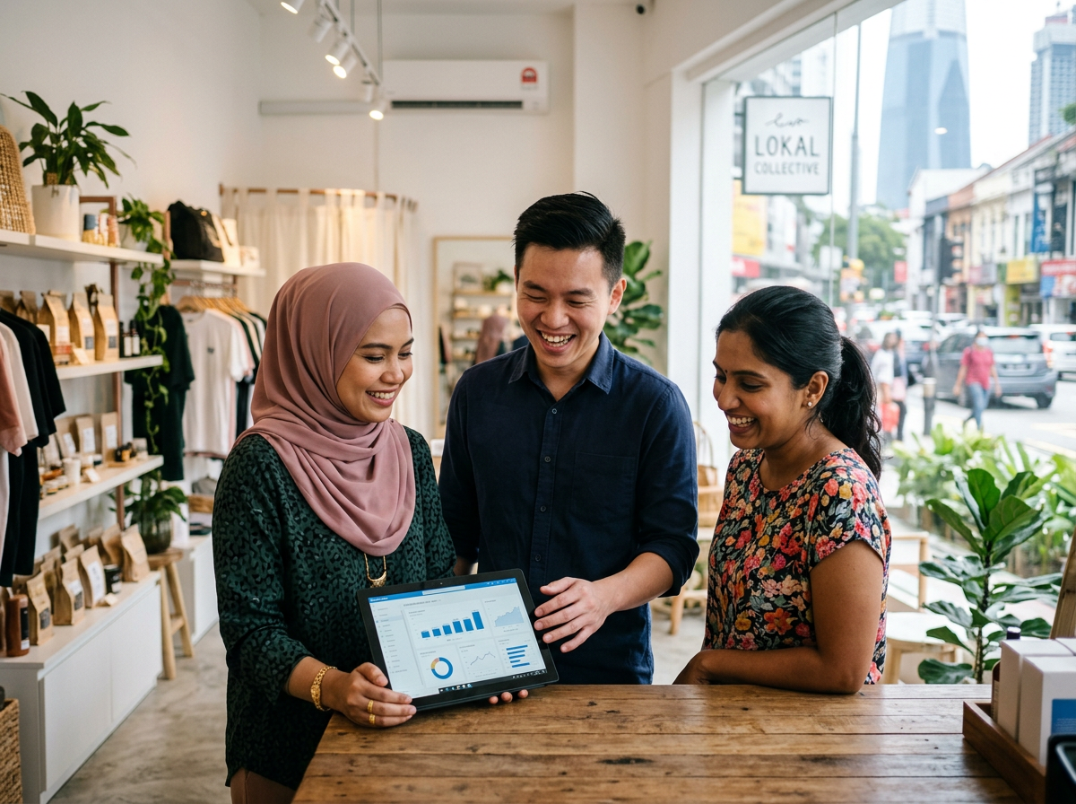 Malaysian SME Founders analyzing dashboard in boutique store